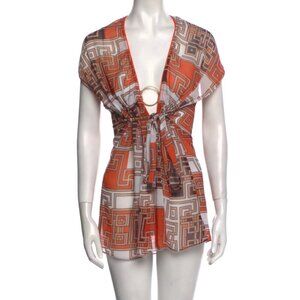 Becca by Rebecca Virtue Brown, Orange V-Neck Printed Mini Dress Size M